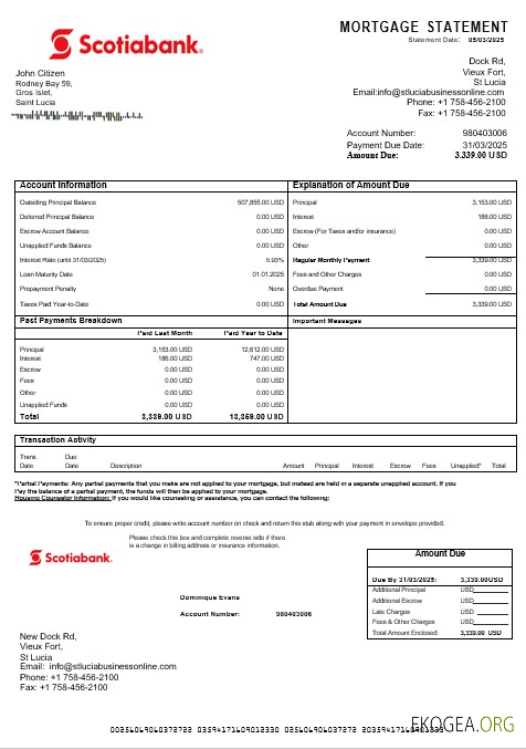 Relevé hypothécaire de la Banque Scotia de Sainte , Lucie aux formats Word et PDF